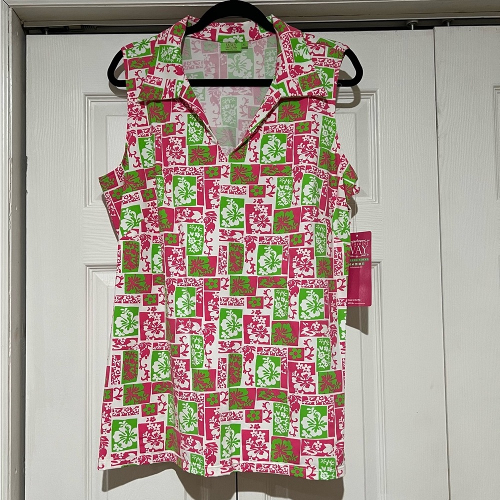 💗💚 🆕 NWT Katherine Way Aloha Pink and Green Tunic Top XL